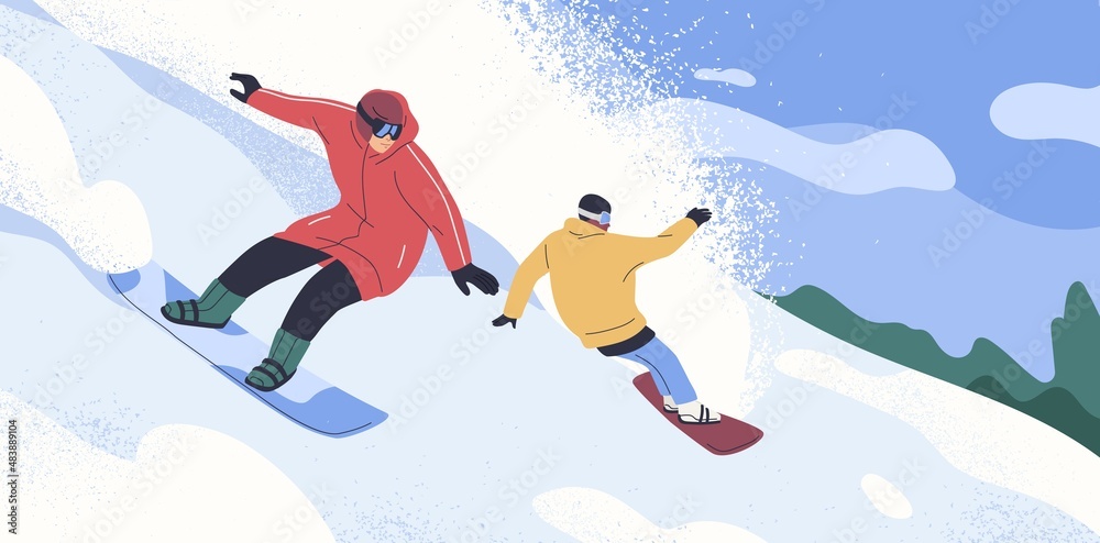 Snowboard riders sliding down slope at winter mountain resort. People riding snow boards on holidays. Snowy landscape with snowboarders. Sport leisure activity in Alps. Flat vector illustration