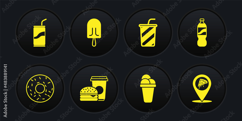 Set Donut, Bottle of water, Coffee and burger, Ice cream, Glass with, Location slice pizza and Soda can drinking straw icon. Vector Set Donut, Bottle of water, Coffee and burger, Ice cream, Glass with, Location slice pizza and Soda can drinking straw icon. Vector