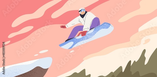 Person jumping on snowboard, flying in air. Snowboarder doing trick. Man on snow board in sky. Winter extreme sports activity. Professional athlete at mountain resort. Flat vector illustration
