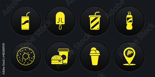Set Donut, Bottle of water, Coffee and burger, Ice cream, Glass with, Location slice pizza and Soda can drinking straw icon. Vector