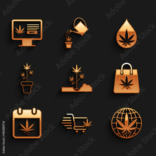 Set Planting marijuana, Shopping cart with, Legalize, bag of, Calendar and, Marijuana plant pot, or cannabis leaf oil and Online buying icon. Vector