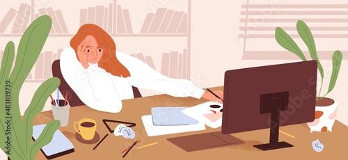Tired employee at computer desk at work. Exhausted creative office worker at workplace. Bored, overworked and unmotivated woman in depression. Burnout and exhaustion concept. Flat vector illustration