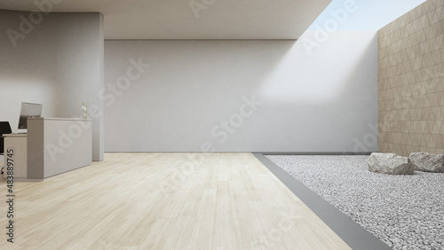 Luxury interior design 3D rendering of modern showroom or hotel. Wooden floor lobby and white gravel zen garden with empty concrete wall background.