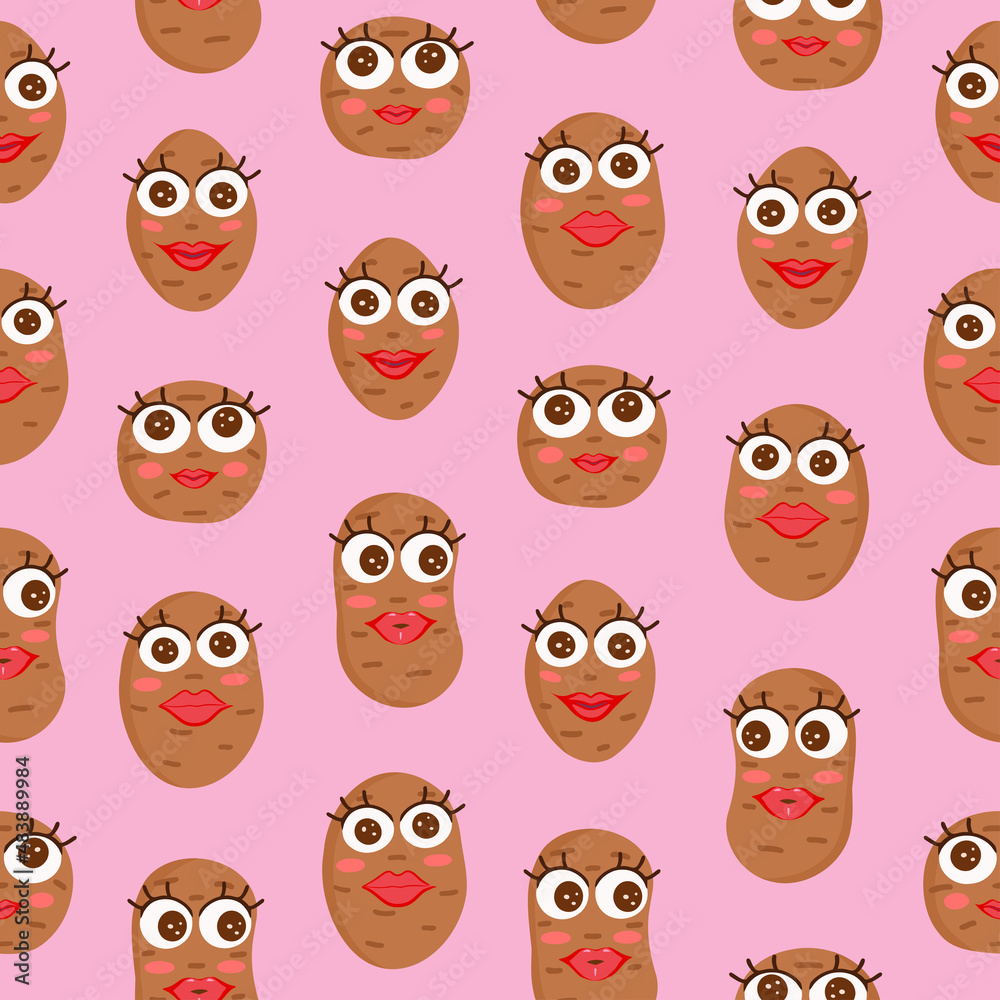 Potato with eyes and lips, girls, women, seamless pattern of potato on a pink background. Vector Illustration for backgrounds, covers, packaging, greeting cards, posters, textile and seasonal design. Potato with eyes and lips, girls, women, seamless pattern of potato on a pink background. Vector Illustration for backgrounds, covers, packaging, greeting cards, posters, textile and seasonal design.