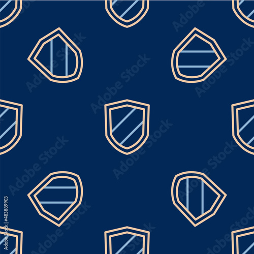 Line Shield icon isolated seamless pattern on blue background. Guard sign. Security, safety, protection, privacy concept. Vector