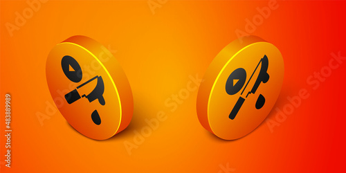 Isometric Thriller movie icon isolated on orange background. Bloody knife. Suspenseful cinema genre, survival horror. Shocking films with gore and violence. Orange circle button. Vector