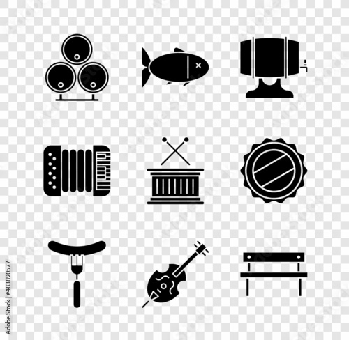 Set Wooden barrels, Fish, on rack, Sausage the fork, Violin, Bench, Accordion and Musical drum and sticks icon. Vector