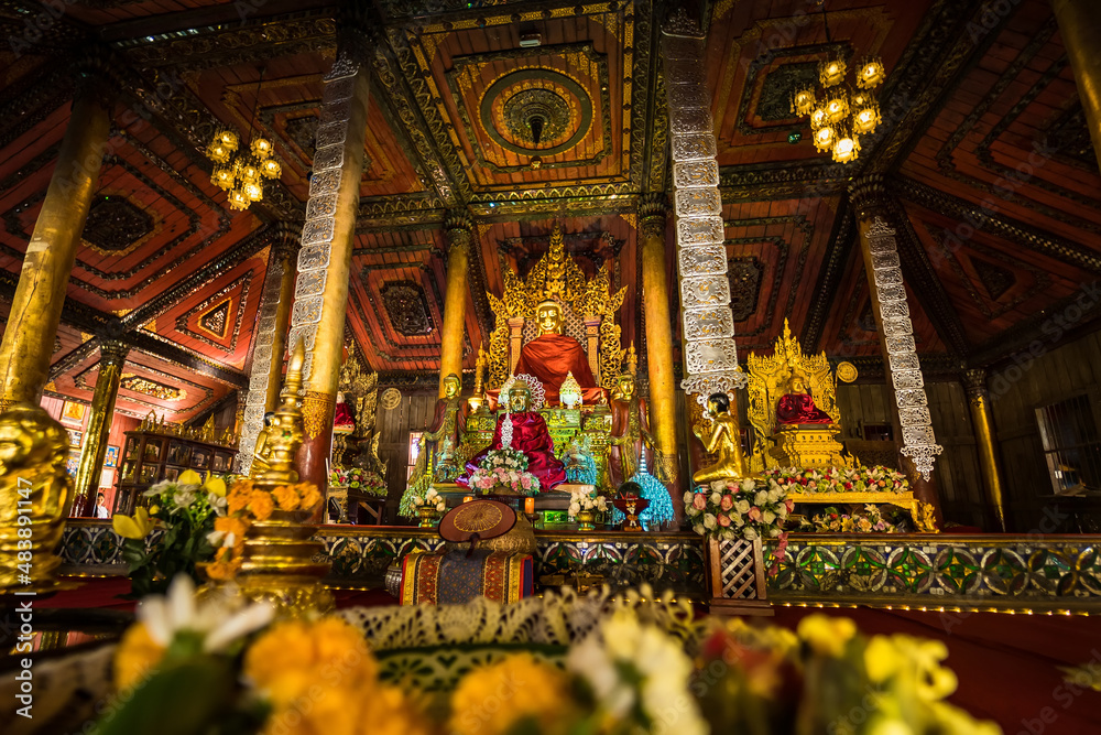 Phayao, Thailand - January, 09, 2022 : Myanmar Buddha Statue in Church of Wat Nantaram or Nantaram Temple at Phayao Thailand.