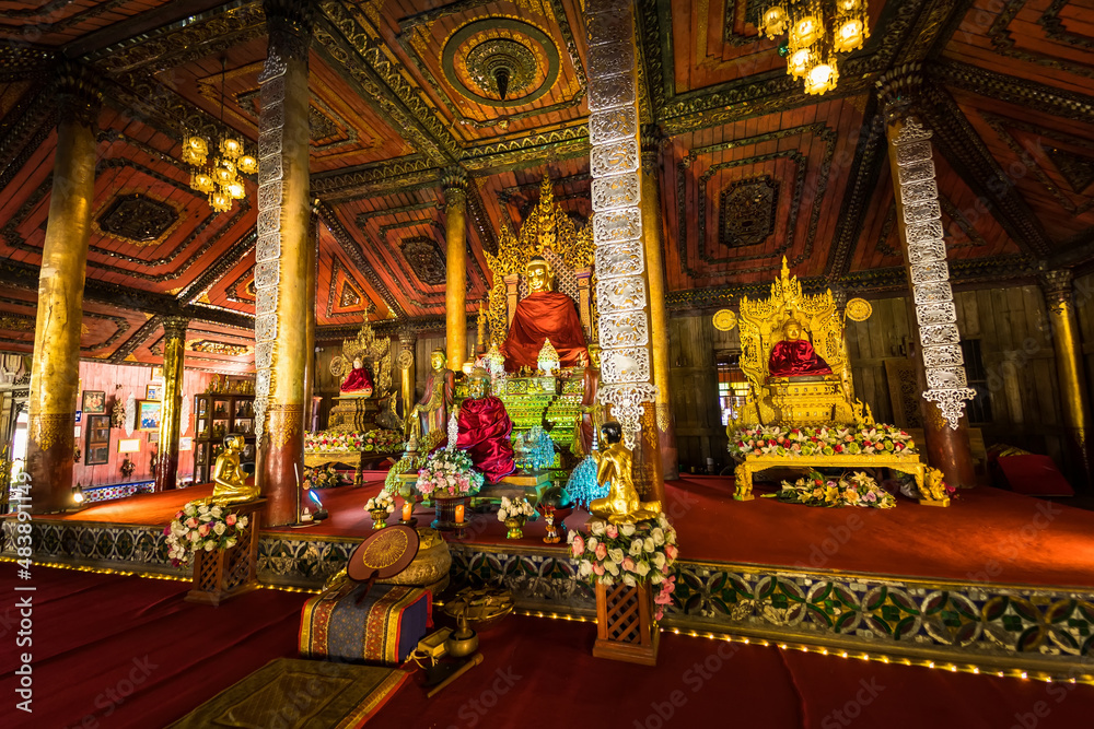Phayao, Thailand - January, 09, 2022 : Myanmar Buddha Statue in Church of Wat Nantaram or Nantaram Temple at Phayao Thailand.