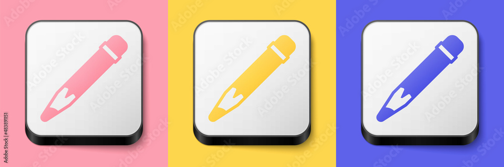 Isometric Pencil with eraser icon isolated on pink, yellow and blue background. Drawing and educational tools. School office symbol. Square button. Vector Isometric Pencil with eraser icon isolated on pink, yellow and blue background. Drawing and educational tools. School office symbol. Square button. Vector