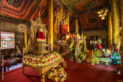 Phayao, Thailand - January, 09, 2022 : Myanmar Buddha Statue in Church of Wat Nantaram or Nantaram Temple at Phayao Thailand.