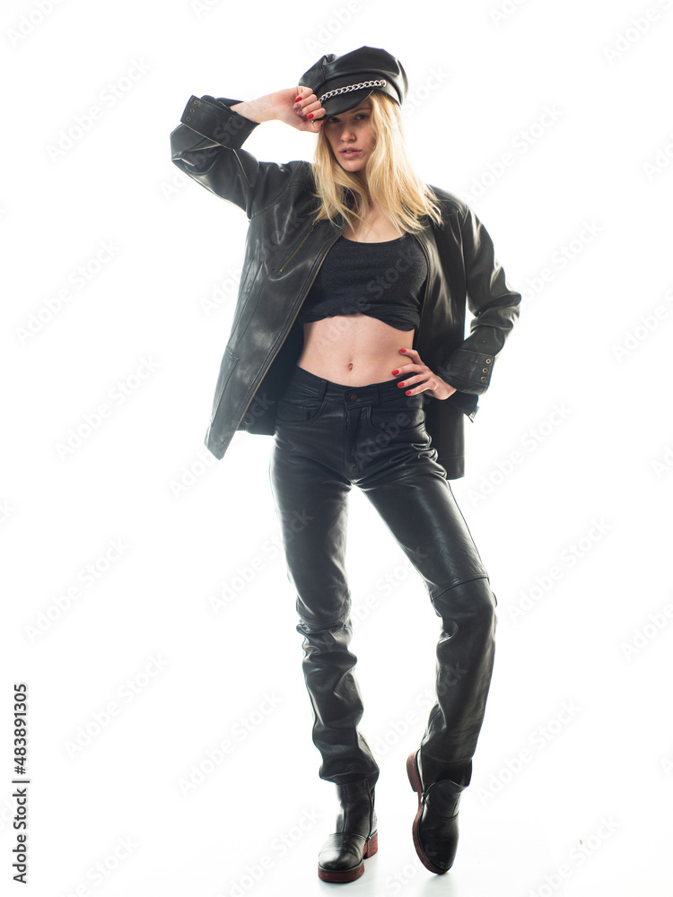 Woman in leather jacket an hat. Pretty lovely girl wear fashion dress isolated background, full length. Woman in leather jacket an hat. Pretty lovely girl wear fashion dress isolated background, full length.