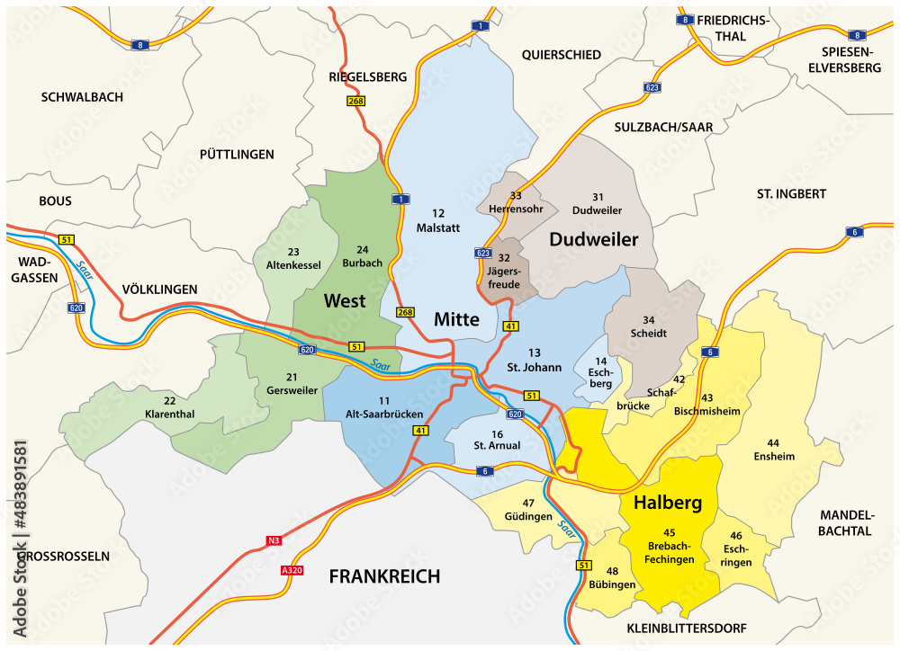 administrative vector map of the capital of Saarland, Saarbruecken administrative vector map of the capital of Saarland, Saarbruecken
