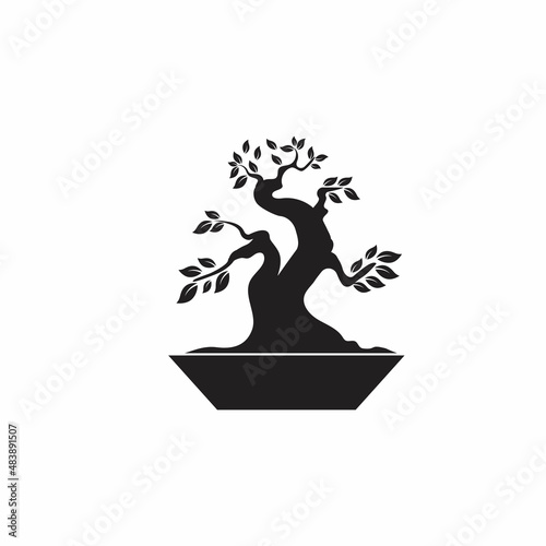 Oriental Bonsai Art, Japanese Mini Small Plant Tree on Pot Silhouette logo design vector