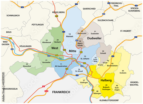 administrative vector map of the capital of Saarland, Saarbruecken 