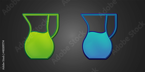 Green and blue Jug glass with water icon isolated on black background. Kettle for water. Glass decanter with drinking water. Vector