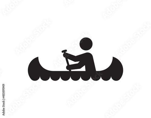 Vector black silhouette of a character riding a canoe. Isolated on white background.