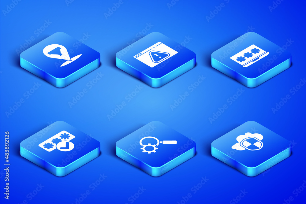 Set Cloud and shield, Location with sales funnel, Magnifying glass gear, Password protection, Browser exclamation mark and Laptop password icon. Vector