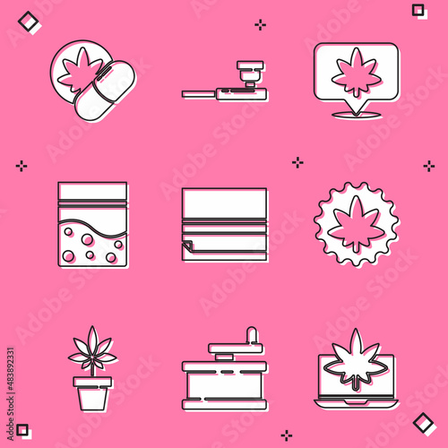 Set Herbal ecstasy tablets, Smoking pipe, Location and cannabis, Plastic bag of, Rolling paper, Marijuana or leaf, plant and Manual grinder icon. Vector