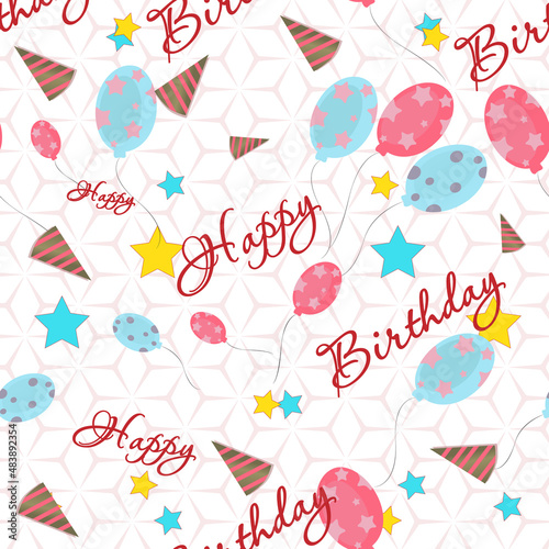 Happy Birthday seamless pattern  with balloons and stars. Vector illustration. Design wallpaper, fabrics, postal packaging.
