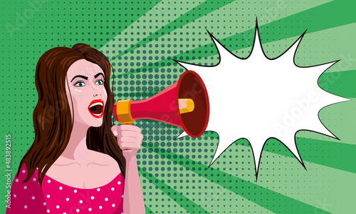 Woman shouting in megaphon. Female cartoon character announcing for advertising, markertng information, discount or sale, speech bubble. Vector business communication illustration