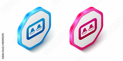 Isometric Earplugs with storage box icon isolated on white background. Ear plug sign. Noise symbol. Sleeping quality concept. Hexagon button. Vector