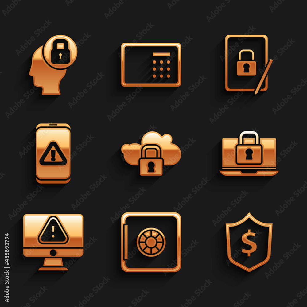 Set Cloud computing lock, Safe, Shield with dollar, Laptop and, Monitor exclamation mark, Mobile, Tablet closed padlock and Human head icon. Vector Set Cloud computing lock, Safe, Shield with dollar, Laptop and, Monitor exclamation mark, Mobile, Tablet closed padlock and Human head icon. Vector