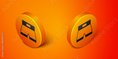 Isometric Boxing short icon isolated on orange background. Orange circle button. Vector
