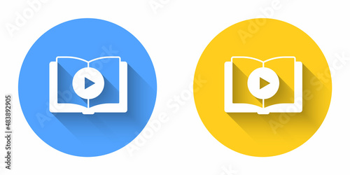 White Audio book icon isolated with long shadow background. Play button and book. Audio guide sign. Online learning concept. Circle button. Vector