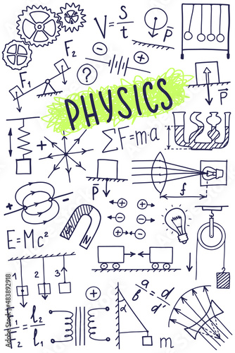 Phisics cover template. Science symbols icon set  subject doodle design. Education and study concept. Back to school sketchy background for notebook  not pad  sketchbook. Hand drawn illustration.