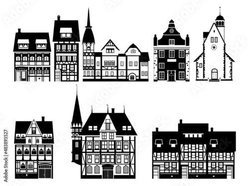 Set Apartmenst house old buildings Europe and America. Silhouette black white icon. Vector illustration