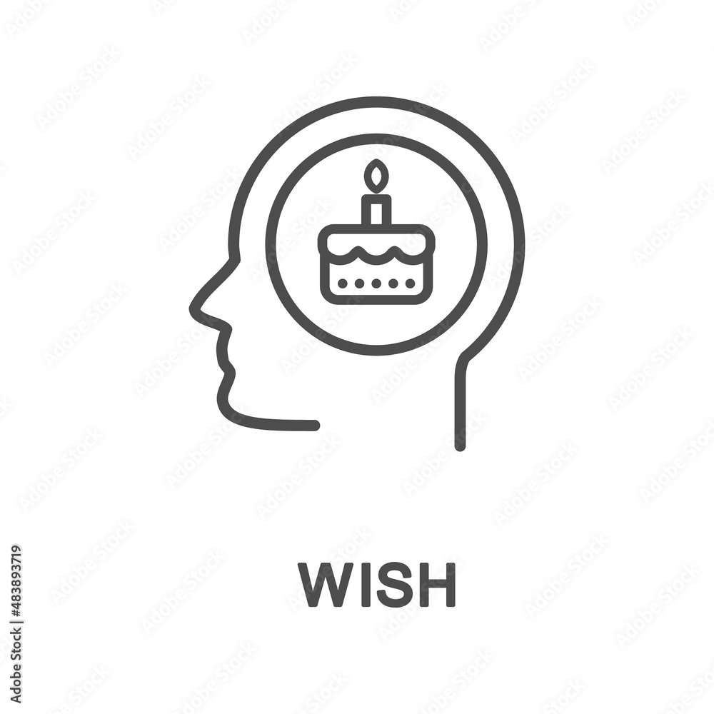 Icon – wish. A conscious idea of the wish to get something. Cake with a candle is a symbol of wish. The thin contour lines.