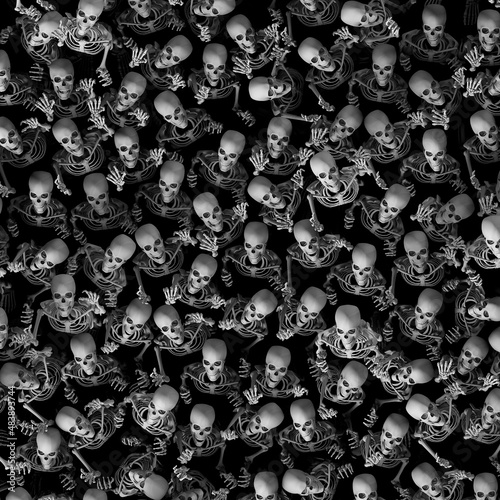 Skeleton Halloween horror background - 3D illustration of dead zombie horde from above photo