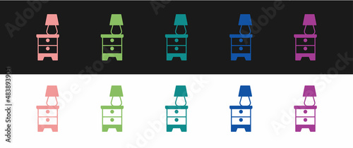 Set Furniture nightstand with lamp icon isolated on black and white background. Vector