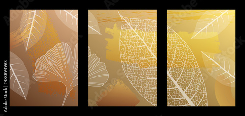 Ensemble de 3 images (triptyque) formant un seul et même tableau artistique composé de diverses feuilles transparentes au tracé blanc sur un fond abstrait cuivre et or.
