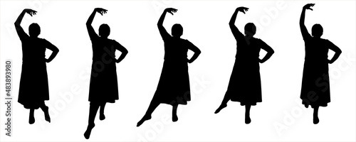 Female dance silhouette: the arm is bent at the elbow and is at the top; one leg stands motionless, the other pulls the sock and moves away from the body back, sideways, forward. Isolated on white.