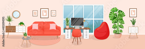 Design of a cozy room for working from home. Office with computer, workplace room, cabinet. Modern living room interior with furniture and house plants. Vector flat style illustration.