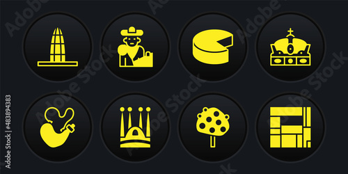 Set Spanish wineskin, Crown of spain, Sagrada Familia, Orange tree, Cheese, Bullfight, matador, House Edificio Mirador and Agbar tower icon. Vector