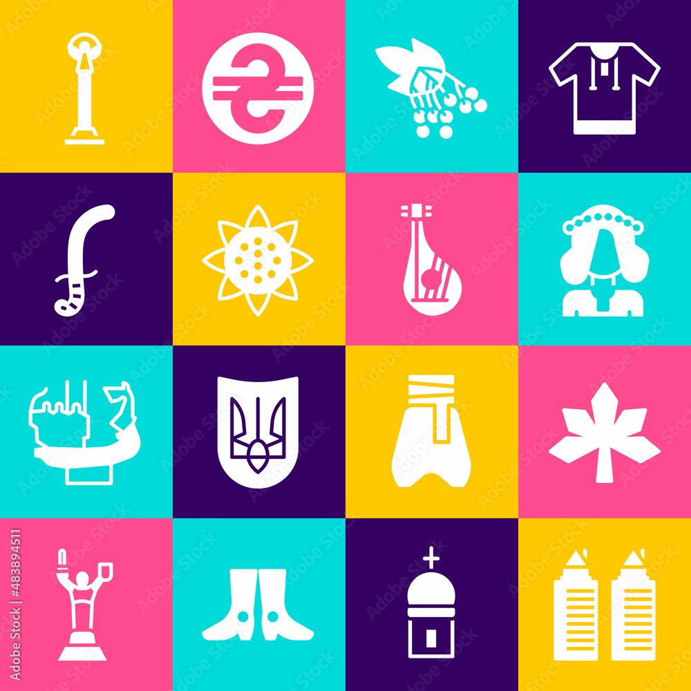 Set Two towers in Dnipro, Chestnut leaf, Ukrainian woman, Branch viburnum, Sunflower, Medieval sword, Monument of Independence and Bandura icon. Vector Set Two towers in Dnipro, Chestnut leaf, Ukrainian woman, Branch viburnum, Sunflower, Medieval sword, Monument of Independence and Bandura icon. Vector