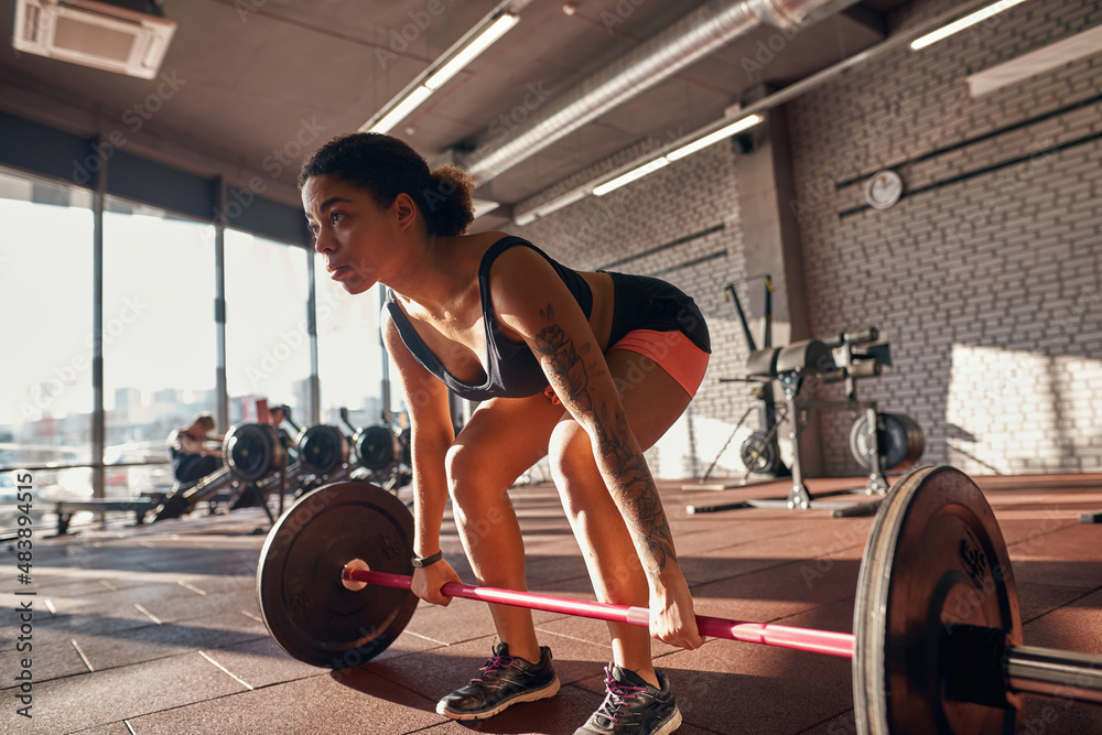 Black girl doing deadlift exercise with barbell Black girl doing deadlift exercise with barbell