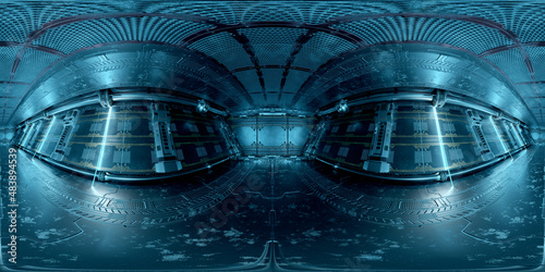 Fototapeta Naklejka Na Ścianę i Meble -  HDRI panoramic view of dark blue spaceship interior. High resolution 360 degrees panorama reflection mapping of a futuristic spacecraft 3D rendering
