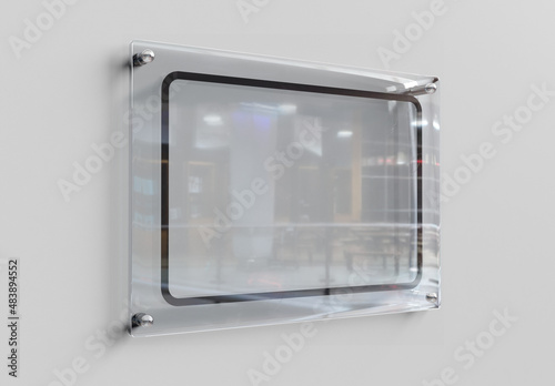 Transparent glass sign plate on white mockup. Template of a blank plastic business signboard on empty texture. 3D rendering photo