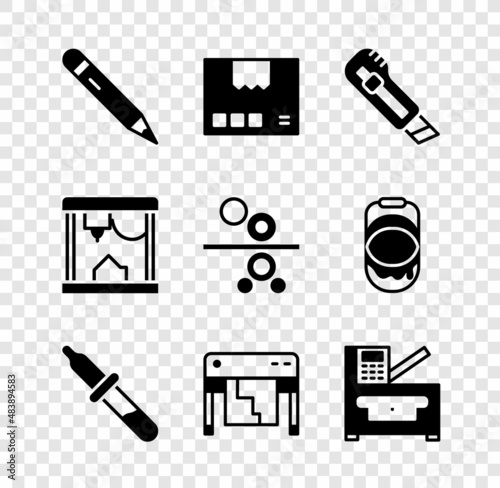 Set Pencil with eraser, Carton cardboard box, Stationery knife, Pipette, Plotter, Copy machine, 3D printer and Paper roll of printing press icon. Vector