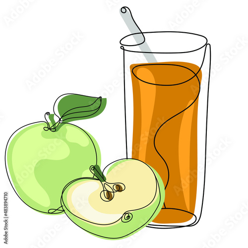 Apple juice. Trendy vector illustration of fruit and juice in minimalist line art style.