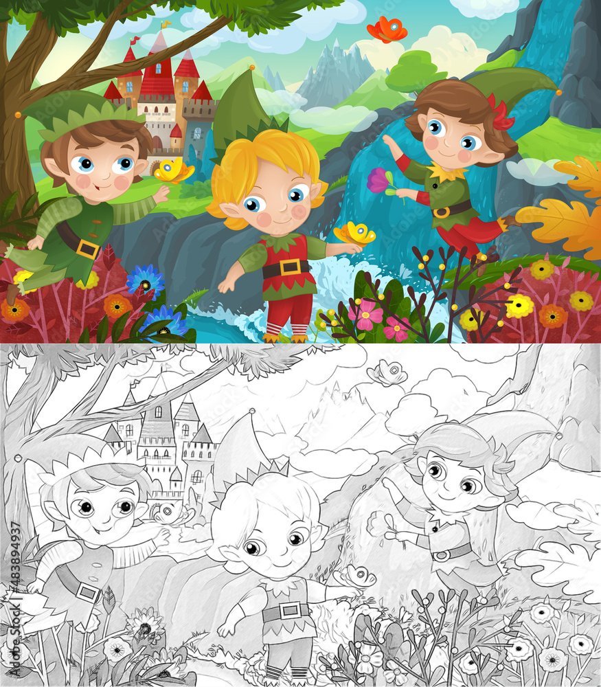 cartoon scene with forest elf and castle illustration cartoon scene with forest elf and castle illustration