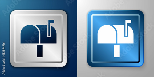 White Mail box icon isolated on blue and grey background. Mailbox icon. Mail postbox on pole with flag. Silver and blue square button. Vector