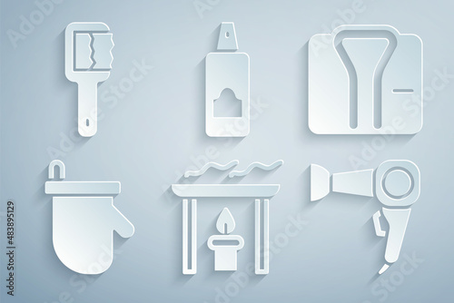 Set Aroma candle, Bathrobe, Sauna mittens, Hair dryer, Spray for hairspray and brush icon. Vector
