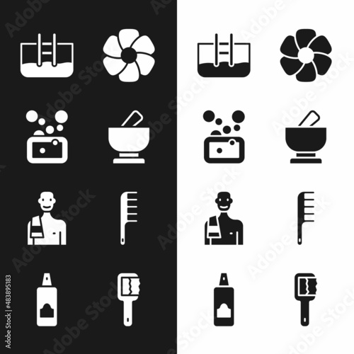 Set Mortar and pestle, Bar of soap, Swimming pool with ladder, Flower, Man the sauna, Hairbrush, Sauna and Spray can for hairspray icon. Vector
