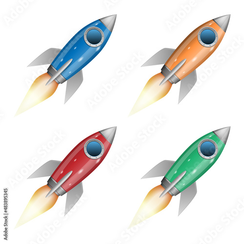 3D rocket space ship launch isolated on white background, vector illustration