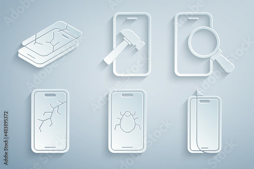 Set System bug on mobile  Phone repair service  Mobile with broken screen  Glass protector  and icon. Vector